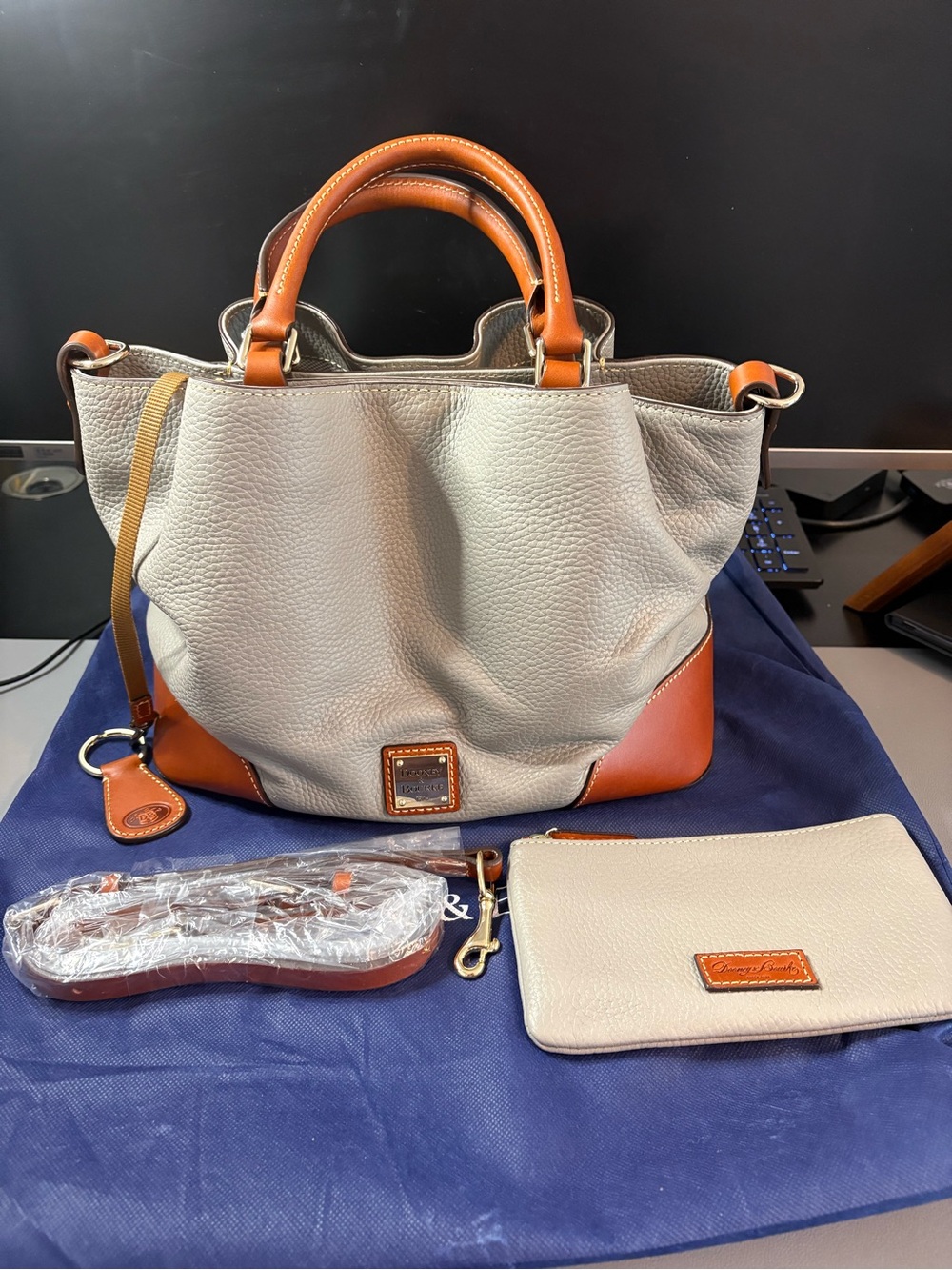Dooney & Bourke Brenna Pebble Leather Satchel in Smoke with Brown Trim